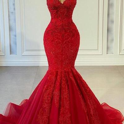 Modern Red Sleeveless Mermaid Prom Dress With Beadings,PL5342