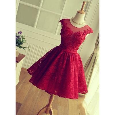 Keyhole Back Red Lace Bridesmaid dress,Short Lace Prom Dress,Red Cocktail Dress,Cap Sleeves Formal Party Dress