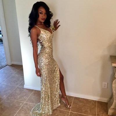 Prom Dresses Sexy Cheap Luxury Bling Sparkle V-Neck Champagne Backless Prom Dress Formal Evening Dress Party Prom Gowns