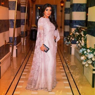 Kaftans Elegant Dubai Long Sleeve Muslim Evening Dresses Pink Lace Arabic Style Evening Gown Dresses
