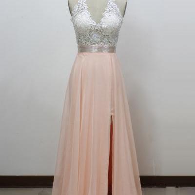 A-line V-neck Chiffon Long Prom Dress with Side Slit and Halter Lace Bodice