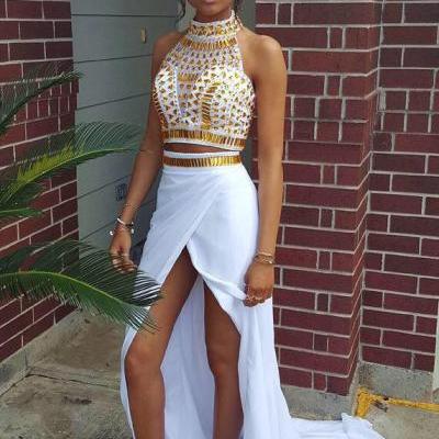 2016 Evening Dresses Sexy Cheap New Arrival Two 2 Pieces White Mermaid Sheer Bodice Side Slit Backless Formal Prom Party Gowns