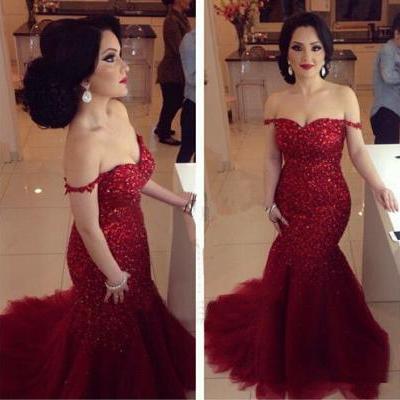 2016 Prom Dresses Sexy Mermaid Dark Red Sweetheart Off Shoulder Beads Long Formal Evening Party Gowns robes de bal Ballkleid