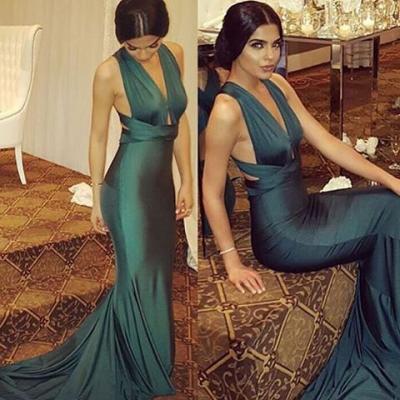 2016 Prom Dresses Sexy Dark Green Deep V-neck Mermaid Sheer Rhinestones Crystal Backless Formal Evening Party Gowns robes de bal