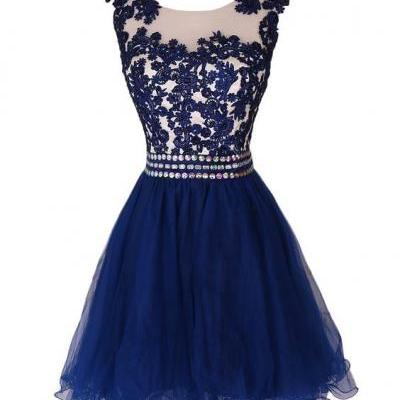 Charming Blue Homecoming Dress,Applique Prom Dress, Sleeveless Homecoming Dress