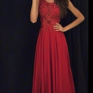 2016 Modest Red Long Prom Dresses Sleeveless Lace Appliques Beaded Chiffon Elegant Evening Gowns