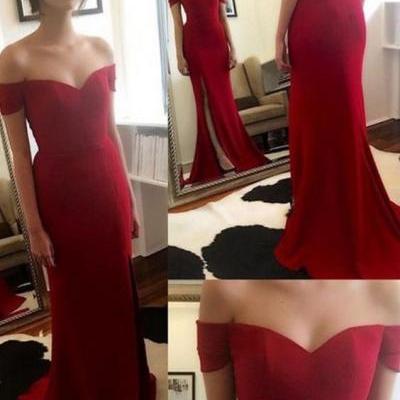 Gorgeous Red Long Prom Dress Off-the-shoulder Mermaid Red Long Prom Dress with Side Slit