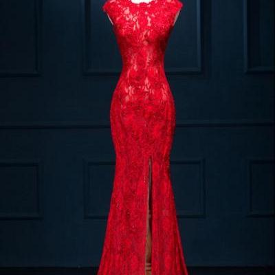 Long Sexy Prom Dress, Red Lace Evening Dress, See Through Prom Dress, Split Meamaid Evening Dresses