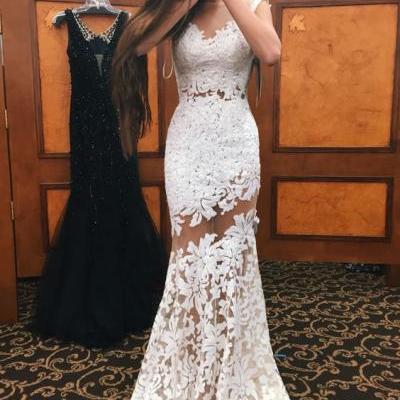 Long Sexy Prom Dress, White Lace Evening Dress, See Through Prom Dress, Sleeveless Evening Dresses