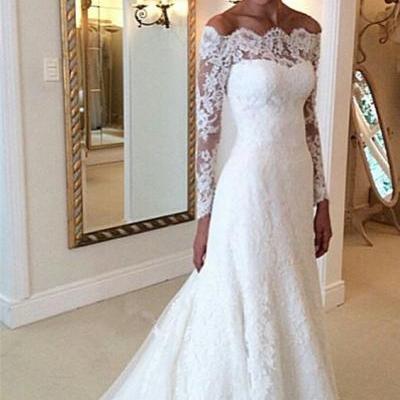 Charming White Lace Wedding Dress,Sexy Long Sleeves Wedding dress, Off The Shoulder Long Bridal Dress