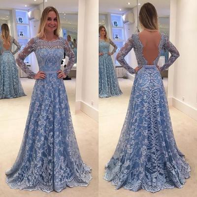 Charming lace prom dress,long sleeves prom dress,sexy open back evening dress,2016 custom