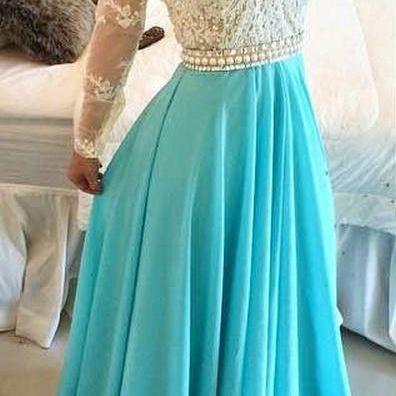 2016 Long Sleeves Turquoise Chiffon Prom Dresses Sheer Open Back Lace Beaded Evening Gowns