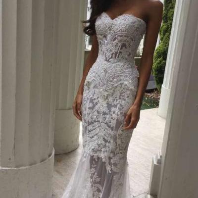 Charming White Lace Wedding Dress,Sexy Sweetheart Bridal Dress,Sexy See Through Wedding Dress 