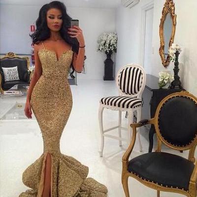Charming Mermaid Sequins Prom Dress,Sexy V-Neck Spaghetti Straps Evening Dress,Sleeveless Beading Prom Gown