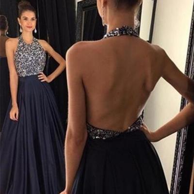 2016 Custom Dark Blue Prom Dress, Sexy Halter Beading Evening Dress, Sexy Open Back Prom Gown 