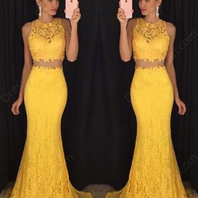  2016 Custom Charming Yellow Lace Two Pieces Long Prom Dress,Sexy Sleeveless Evening Dress,Sexy See Through Prom Dress 