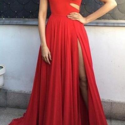 Charming Prom Dress,Chiffon Prom Dress,Side Slit Evening Dress,Red Chiffon Slit Evening Dress