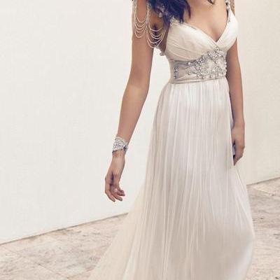 2016 Custom Charming V Neck Prom Dress,Long Chiffon Prom Dress,White Prom Dress