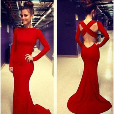 Cahrming red long sleeve evening dress,long prom dress,backless prom dress