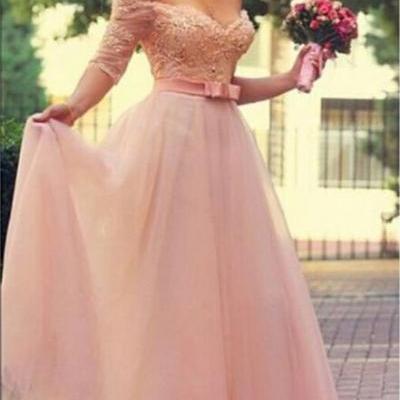 Princess Sweetheart Half Sleeves Prom Dress, Tulle Prom Dress, with Pearls and Appliques