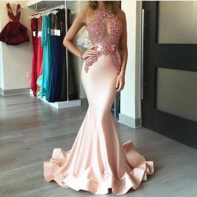 Custom made light pink satin lace mermaid long prom dress, evening dress