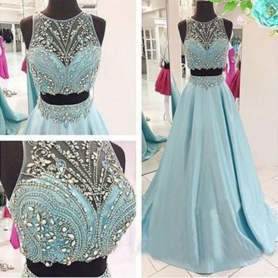 Two pieces long prom dress,ice blue beading stain long prom dresses,2016 evening dresses,formal gowns