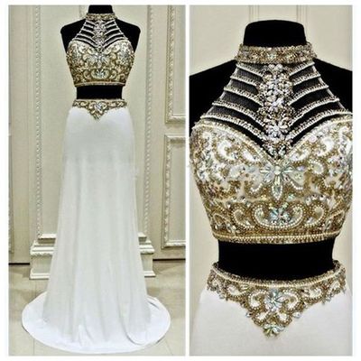 2017 Custom made White chiffon prom dress,two pieces evening dress,beading long prom dress,halter formal dresses