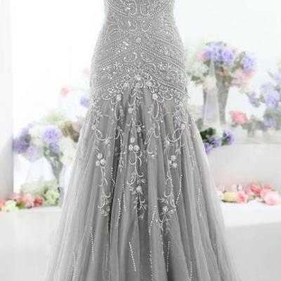 2017 Custom Made Pretty Gray Long Mermaid Beading Prom Dresses ,Charming V-Neck Evening Dresses,Party Prom Dresses 