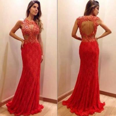 2017 Custom Made Red Chiffon Prom Dress,Lace Beaded Evening Dress, Long Sleeves Sexy Dress,Backless Hole Party Dress,High Quality