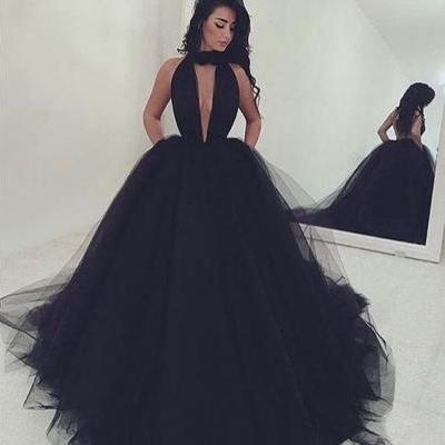 2017 Custom Made Black Chiffon Prom Dress,Sexy Halter Evening Dress,Deep V-Neck Party Dress,Sleeveless Prom Dress,High Quality
