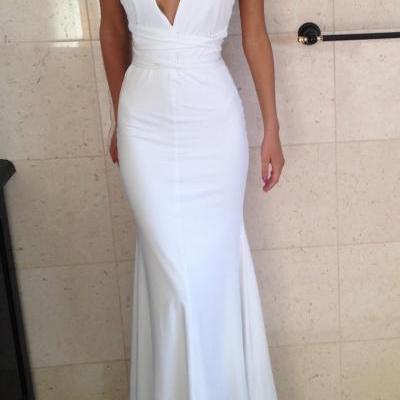 Prom Dress,Sexy Evening Gowns White Deep V Neck Mermaid Prom Dresses, Formal Gown, Evening Dress,Cocktails Dress,Homecoming Dresses, Formal Occasion Dresses,Formal Dress