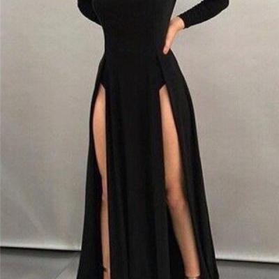 Prom Dresses,Black Sheath High-neck Front-splits Sleeves Long Sexy Evening Dresses