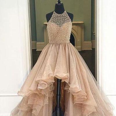 Champagne organza halter high low A-line long dress,foemal dresses for teens