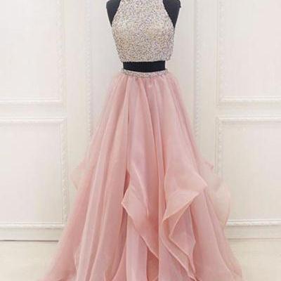 Pink chiffon tiered two pieces sequins A-line beaded long evening dresses,graduation dresses