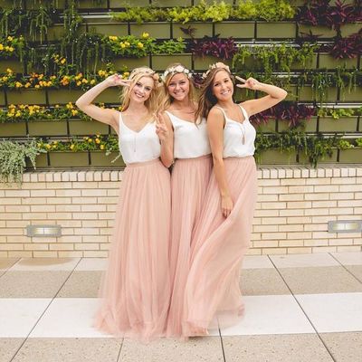 Simple A-line Blush Pink Tulle Long Bridesmaid Dress with White Top