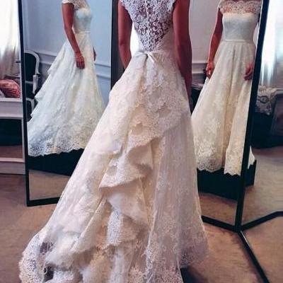 Vintage Scoop Neckline Lace Wedding Dresses Bustle Style Bridal Gowns