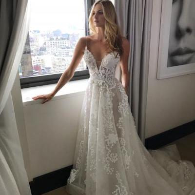 2017 Custom Made White Lace Wedding Dress,Sexy Spaghetti Straps Bridal Dress, See Through Wedding Dress 