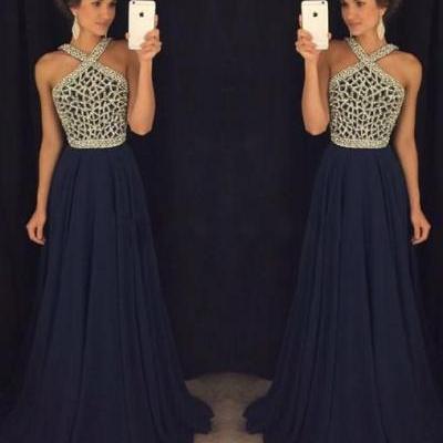 High Quality Prom Dress,Navy Blue Evening Dress,Beaded Party Dress,Halter Dress