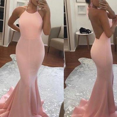 2017 Halter Mermaid Long Prom Dress ,Open Back Evening Dress,Pink Party Dress,Cheap High Quality