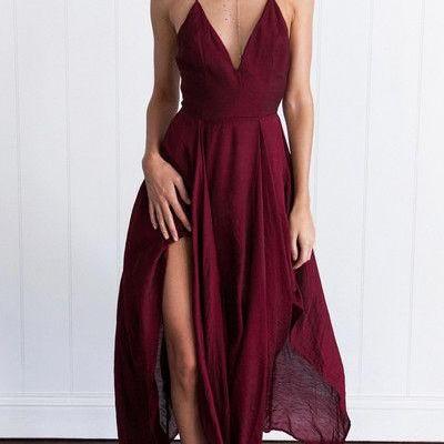 2017 Custom Made Charming Burgundy Prom Dress,Spaghetti Straps Evening Dress,Side Slit Party Dress