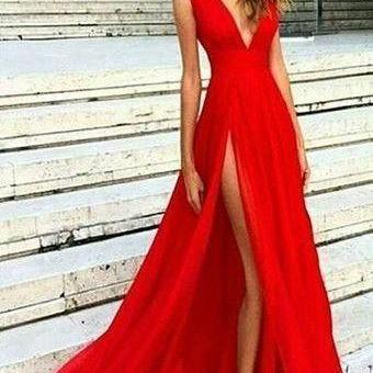Sexy Slit Evening Dress,V-neckline Red Evening Gowns,Split Prom Dresses,Slit Sexy Party Dresses.Red Formal Dress