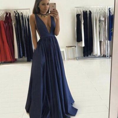 2017 Custom Charming Simple Prom Dress,Deep V-Neck Evening Dress,Full Length Prom Dress