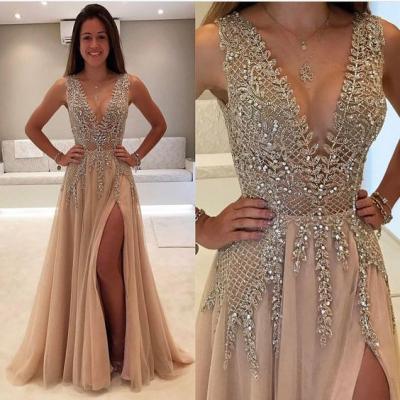 2017 Custom Made Deep V Prom Dress,Beaded Prom Dress,Fashion Prom Dress,Sexy Side Slit Evening Dress.High Quality