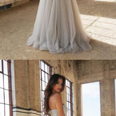 2017 Custom Made Gray Tulle Prom Dress,Spaghetti Straps Party Dress,Beaded Floor Length Evening Dress