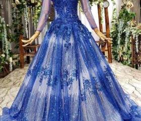 Sheer Neck Tulle Blue Ball Gown Beaded Applique Long Sleeve Prom Dresses OP872