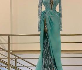 Unique Vintage  Ink Blue Long Sleeve Evening Gown PXD008
