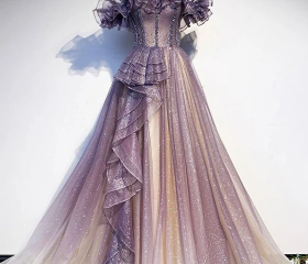 Purple Tulle Sequin Long Princess Dress Evening Gown Y5619