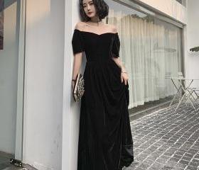 Noble Velvet Prom Dress, Temperament, Black Off-the-shoulder Evening ...