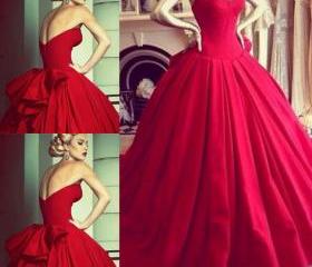 Sexy Ball Gown Strapless Red Satin Evening Gowns Long Prom Dresses main image 0