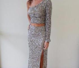 Silver Chiffon Sequins Two Pieces One Sleeves Slim-line Slit Long Prom Dresses,evening Dress on 